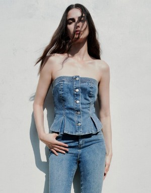 Blusa Urban Revivo Button Up Denim Tube Top Mujer Azules | FGB8880YM