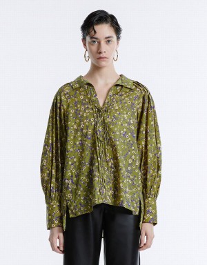 Blusa Urban Revivo Floral Tie Front Mujer Verdes | BFJ6650RL