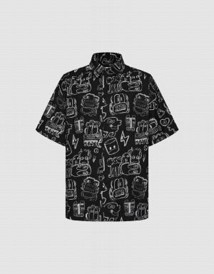 Camisas Urban Revivo Graffiti Printed Oversized Hombre Negros | HIW1313JZ