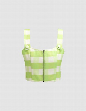 Camisas Urban Revivo Plaid Zip Front Cami Crop Top Mujer Verdes | PSA5660TX