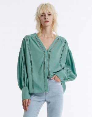 Camisas Urban Revivo Pointelle Buttoned Mujer Verdes | ORZ2313ZD