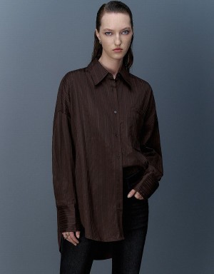 Camisas Urban Revivo Textured Button Up Oversized Mujer Marrom Oscuro | DHY8484JT