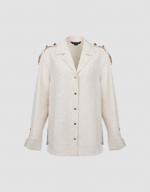 Camisas Urban Revivo Textured Lapel Directo Mujer Blancos | NBN6543FR