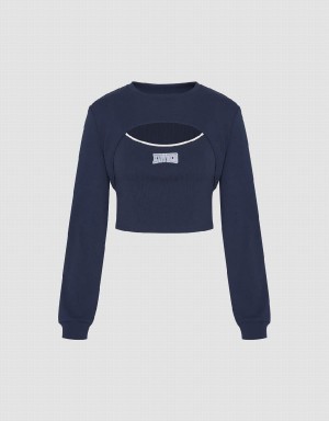 Camiseta Urban Revivo Cut-Out Crew Neck De Punto Mujer Azules | DDO1237ME