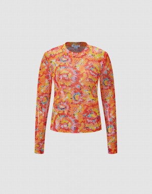 Camiseta Urban Revivo Floral De Punto Top Mujer Naranjas Multicolor | ECJ4044QR