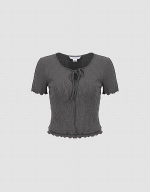 Camiseta Urban Revivo Frill Trim Tie Front De Punto Mujer Grises | WVF7547AR