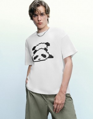 Camiseta Urban Revivo Panda Printed Crew Neck Hombre Blancos | EIE4131LZ