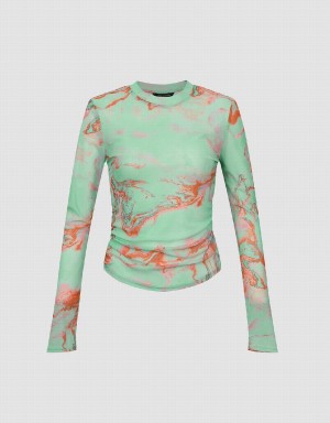 Camiseta Urban Revivo Printed Crew Neck Flaco Mujer Verdes | NEK7998FB