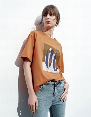 Camiseta Urban Revivo Printed Loose Mujer Naranjas | RNH2697EO