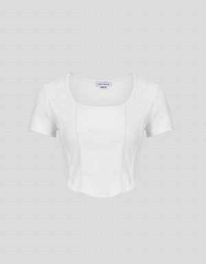 Camiseta Urban Revivo U Neck Flaco Mujer Blancos | FUC2017DZ