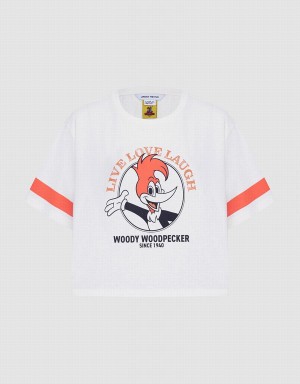 Camiseta Urban Revivo Woody Woodpecker Crop Mujer Rosas Blancos | YWQ1689KR