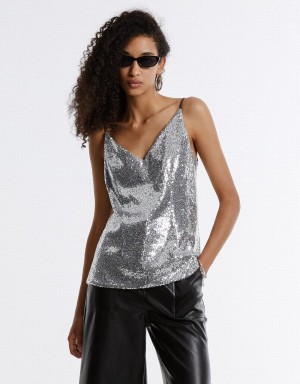 Camiseta sin Manga Urban Revivo Cut Out Back Sequin Camisole Mujer Plateados | PWB2561QY