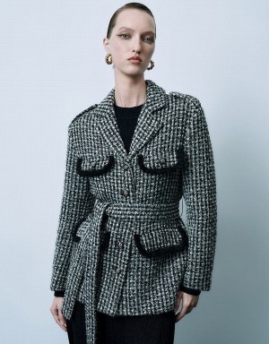 Chamarras Urban Revivo Notch Lapel Tweed With Belt Mujer Negros | KWT4488PJ