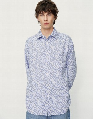 Chamarras Urban Revivo Printed Button Up Oversized Hombre Azules | XKG9514QO