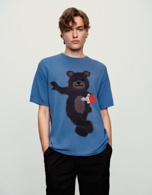 Cárdigan Urban Revivo Bear Printed De Punto Hombre Azules | QSC664BT