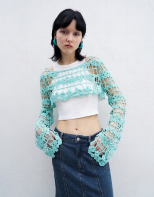 Cárdigan Urban Revivo Crochet De Punto Mujer Azules | UDA6193US