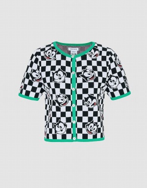 Cárdigan Urban Revivo Felix The Cat Checkered Corta Sleeve Mujer Negros Blancos | EHT1796SY