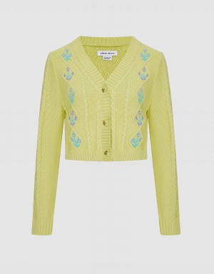 Cárdigan Urban Revivo Floral Embroidery Cable Knit Mujer Verdes | WYE2458LR