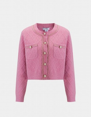 Cárdigan Urban Revivo Fluffy Contrast Trim Faux Pearl Button Mujer Rosas | MMG951SP