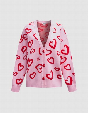 Cárdigan Urban Revivo Heart Pattern Jacquard Button Up Oversized Mujer Rosas | KDP1322VG