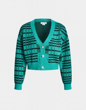 Cárdigan Urban Revivo Plaid Pattern Drop Shoulder Crop Knit Mujer Verdes Claro | RBF699ZR