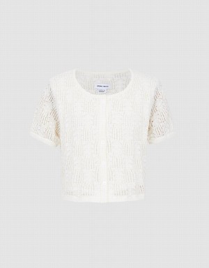 Cárdigan Urban Revivo Pointelle Corta Sleeve Mujer Blancos | JUU3313JS