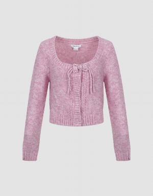 Cárdigan Urban Revivo Tie Front Crew Neck De Punto Mujer Rosas | LDW9786ZY