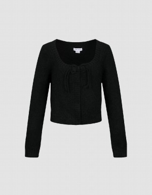 Cárdigan Urban Revivo Tie Front Crew Neck De Punto Mujer Negros | XGB395OS