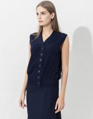 Cárdigan Urban Revivo V-Neck De Punto Waistcoat Mujer Azules | HSD3170XM