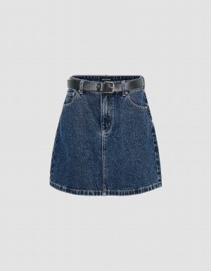 Falda Urban Revivo Mini A-Line Denim With Belt Mujer Azules | NRT7685ZE