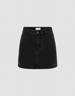 Falda Urban Revivo Mini Directo Denim Mujer Negros | QAU2221HY