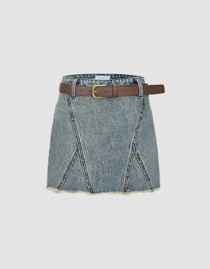 Falda Urban Revivo Raw Hem Mini Denim Mujer Azules | UIL6218WU