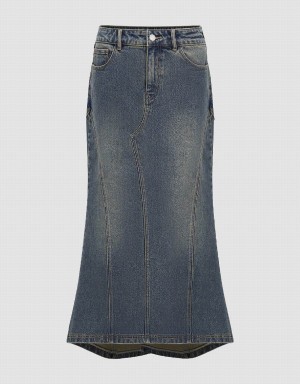 Falda Urban Revivo Split Hem Midi Fishtail Denim Mujer Azules | QPP4382ZF