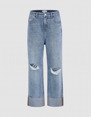 Jeans Urban Revivo Ripped Directo Mujer Azules | UZZ8723LN