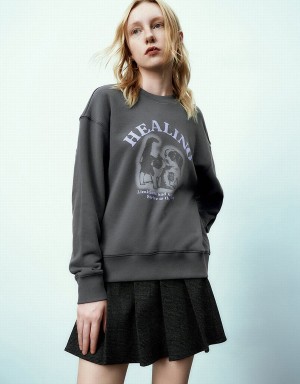 Sudaderas Urban Revivo Printed Crew Neck Mujer Grises Oscuro | WRG5413ST