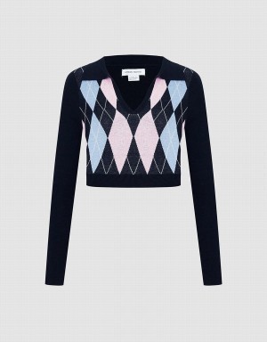 Suéteres Urban Revivo Argyle Crop Checkered Mujer Azules | NDK9726QP