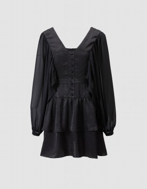 Vestido Urban Revivo Batwing Button Front Tiered Ruffle Hem Mujer Negros | AON472II