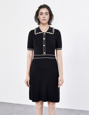 Vestido Urban Revivo Contrast Trim Half Button De Punto Mujer Negros | UIB6538CN