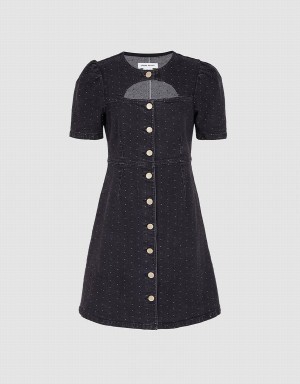 Vestido Urban Revivo Cut Out Polka Dot Button Front Denim Mujer Negros | IYG1981LB