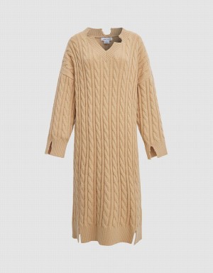 Vestido Urban Revivo Drop Shoulder Cable Knit Mujer Kaki | LKE3939XN