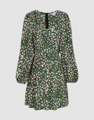 Vestido Urban Revivo Floral Print Sweetheart Long Sleeve Mujer Verdes | IUC7560YZ