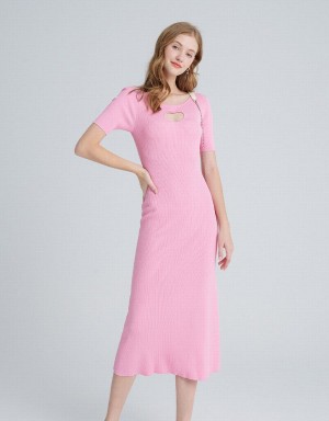 Vestido Urban Revivo Heart Cut Out Acanalado Knit Mujer Rosas | EZY9882XX