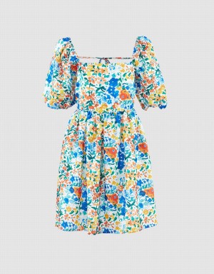 Vestido Urban Revivo Puff Sleeve Floral Print Mujer Azules | FHE496FT