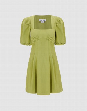 Vestido Urban Revivo Puff Sleeve Square Neck Denim Mujer Verdes | OQI5892XK