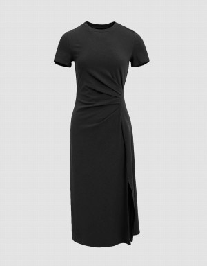 Vestido Urban Revivo Ruched Crew Neck Directo Mujer Negros | QLZ2677CJ