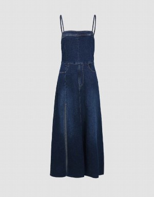 Vestido Urban Revivo Split Hem Off-Shoulder Denim Cami Mujer Azules | YKT1215KR