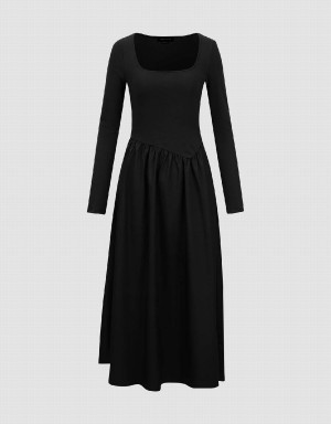 Vestido Urban Revivo Square Neck De Punto A-Line Mujer Negros | QKY3368VD