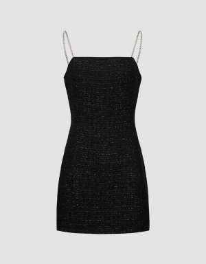 Vestido Urban Revivo Tweed Off-Shoulder A-Line Cami Mujer Negros | EEM7141FG