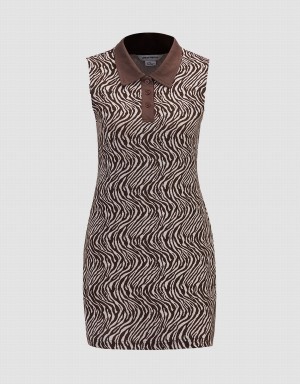 Vestido Urban Revivo Wavy Pattern Half Button De Punto Sin Manga Mujer Kaki | UKR256SC