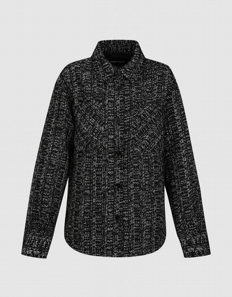 Abrigos Urban Revivo Loose Directo Woolen Checkered Mujer Negros | UKE9413NM